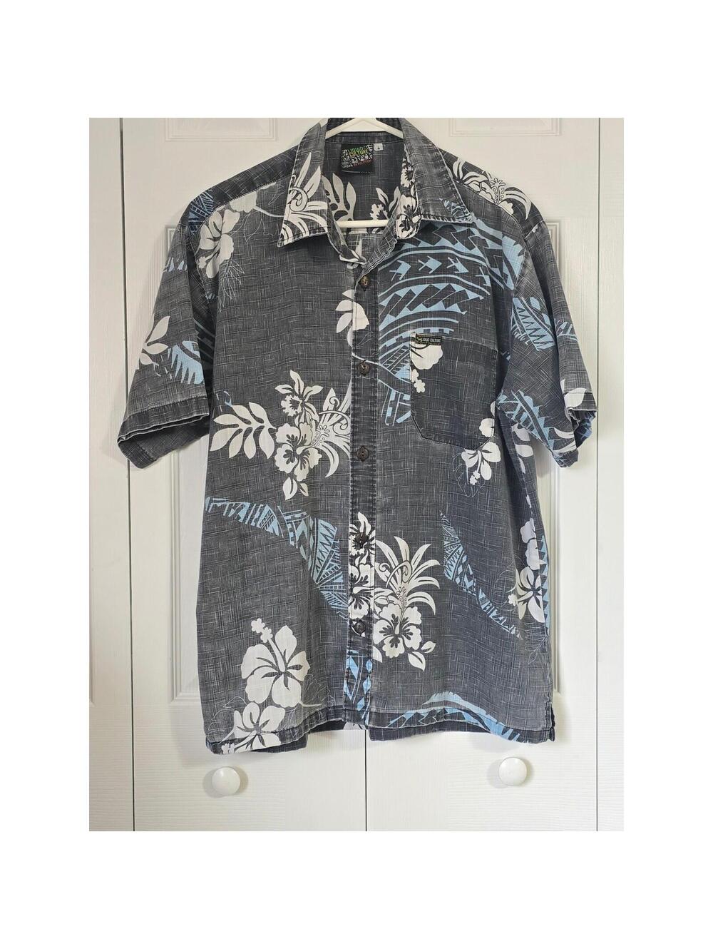 Liquid Culture Mens Large Hawaiian Shirt Charcoal Grey Floral Tribal Urban